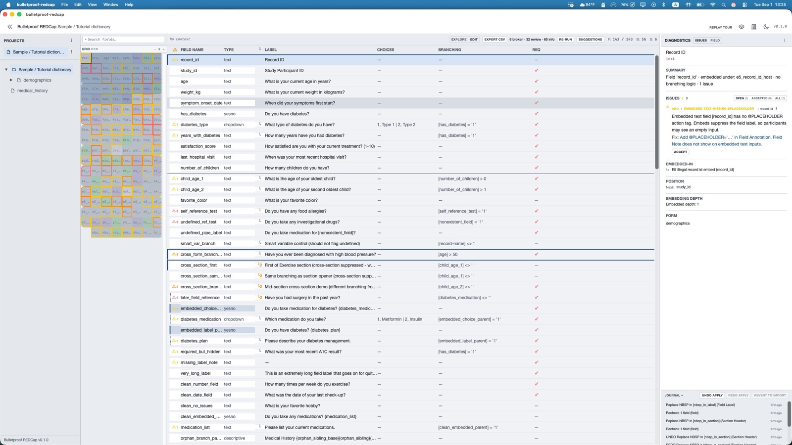 SurveyDoctor showing a tutorial dictionary: metadata table in the center, issue minimap on the left, and field diagnostics on the right.